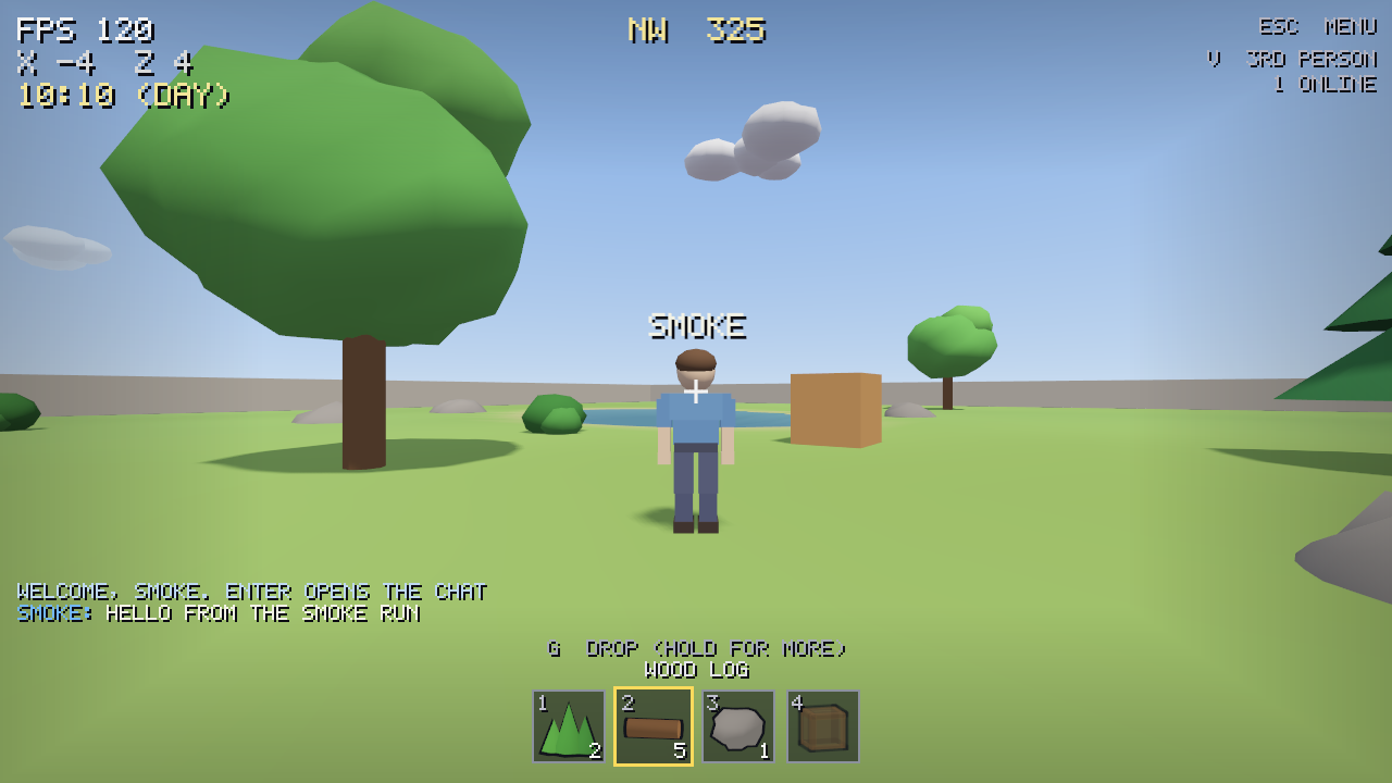 A screenshot of Lowpoly Realms: a low-poly arena with trees, rocks and a lake
